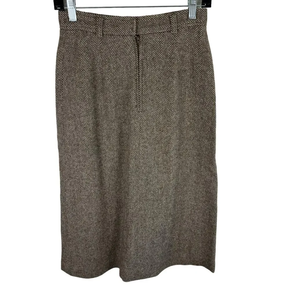 Ah! Austin Hill Brown‎ Cream Chevron 100% Pure Wool Lined Midi Skirt USA Retro 8